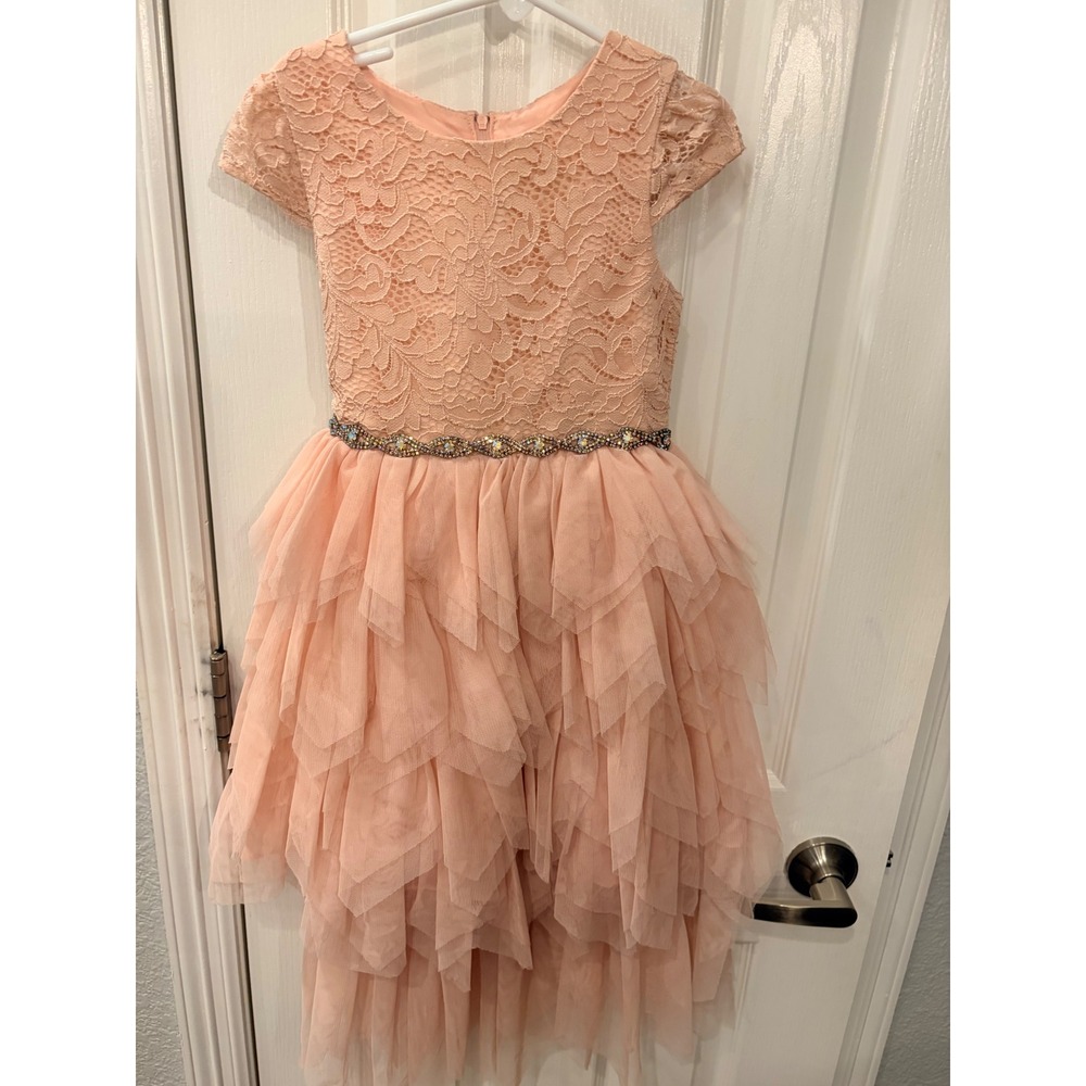 Rare Editions Dress Pink Lace Tulle Tiered Rhinestone Flower Girl Size 6